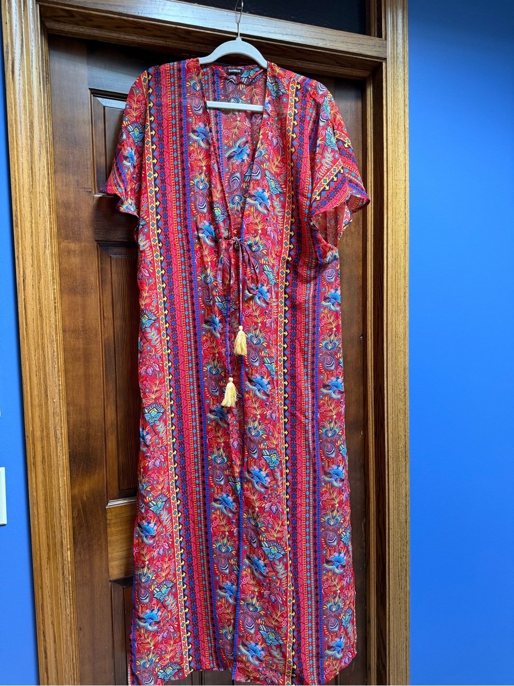 Express Red Boho-Style Floral Print Maxi Kimono with Tassel Tie